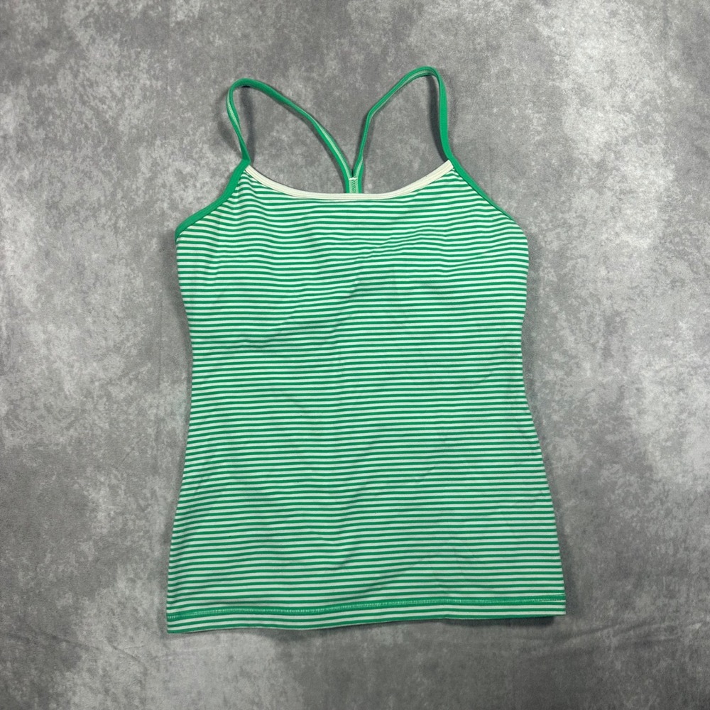 Lululemon Power Y Tank Green White Striped Racerback Built-in Bra Womens 8 Yoga